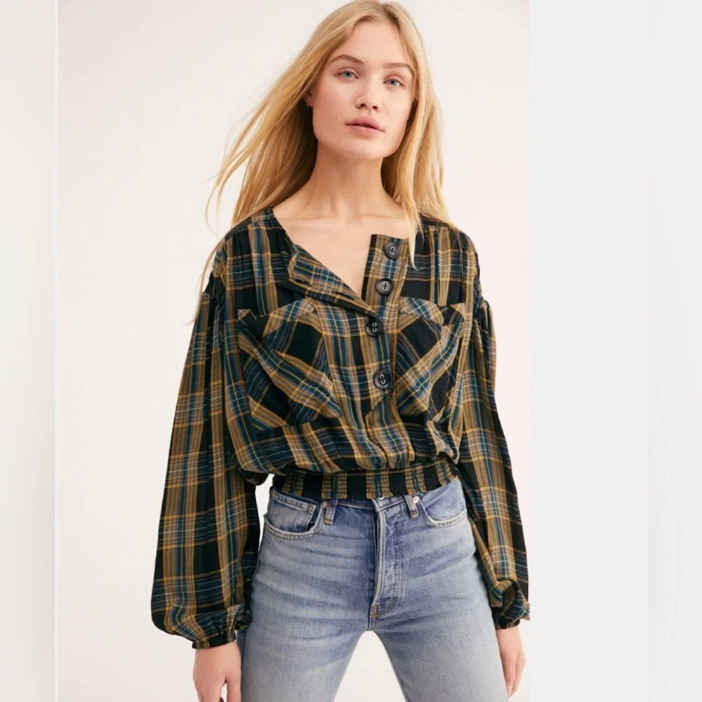 Free People Plaid Crop Top Size L Black Blue Tan Boho Prairie Country Girl Fall